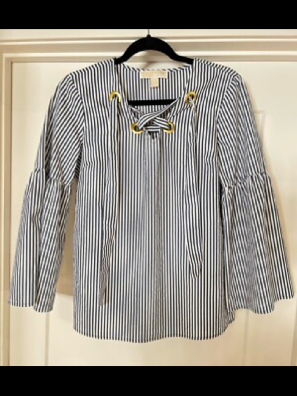 Michael Kors Collection Grey & White Striped Lace-Up Bell Sleeve Top